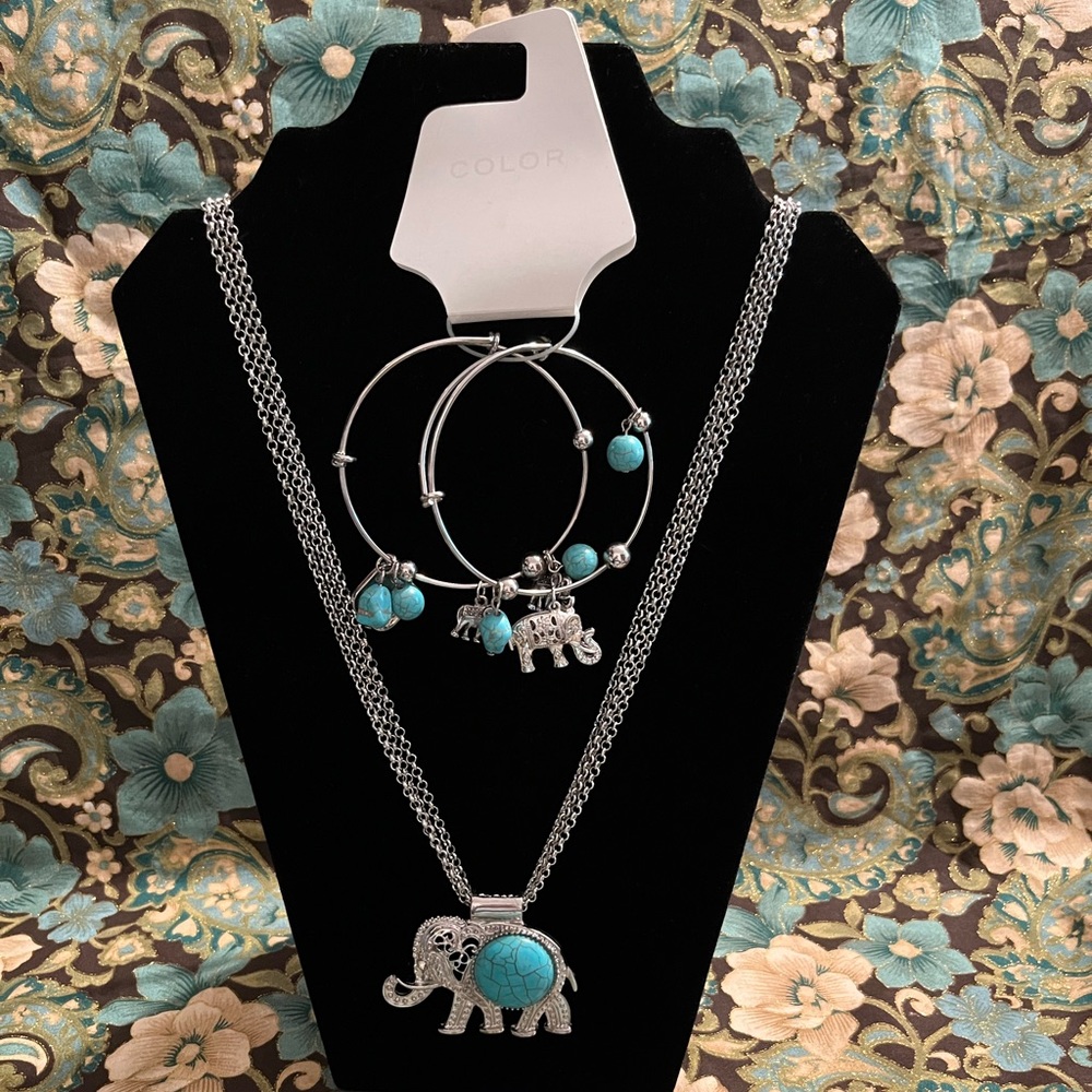 Faux Turquoise Elephant 2 pc Set Silvertone Bracelets and Necklace SO ADORABLE!